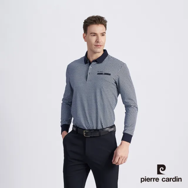 【pierre cardin 皮爾卡登】商務休閒 男款 棉質混紡印花薄長袖POLO衫-丈青色(5215262-38)