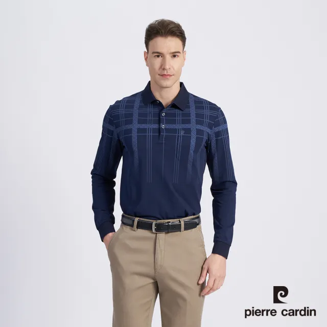 【pierre cardin 皮爾卡登】商務休閒 男款 棉質混紡網眼布印花薄長袖POLO衫-丈青色(5215258-38)