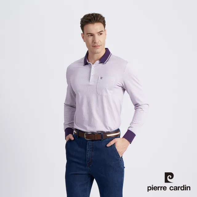 【pierre cardin 皮爾卡登】商務休閒 男款 棉質混紡細條印花薄長袖POLO衫-紫色(5215265-28)