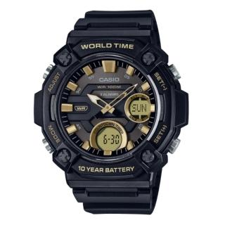 【CASIO 卡西歐】十年電力世界時間大錶徑休閒雙顯錶-金(AEQ-120W-9A)