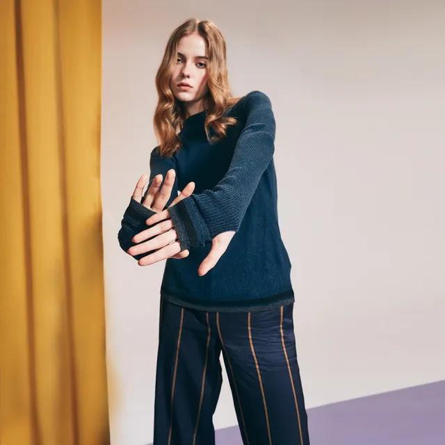 【ICHE 衣哲】Cop.Copine 法國原裝進口金線直紋長褲-紺藍