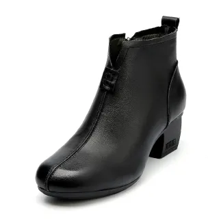 【Vecchio】真皮短靴 牛皮短靴 粗跟短靴/真皮頭層牛皮復古極簡拼接縫線造型粗跟短靴(黑)