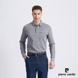 【pierre cardin 皮爾卡登】商務休閒 男款 棉質混紡網眼布印花薄長袖POLO衫-灰色(5215259-95)