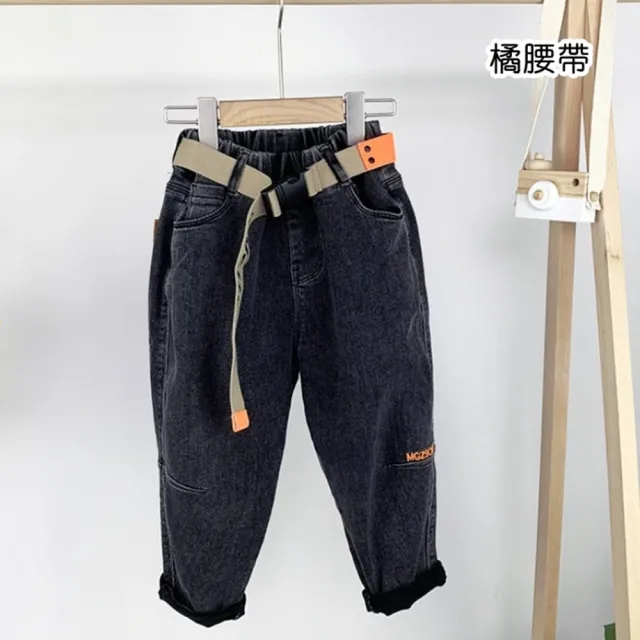 【橘魔法】造型腰帶刺繡字母牛仔棉絨縮口長褲(大童 褲子 縮口褲 長褲 牛仔褲 男童 童裝 保暖)