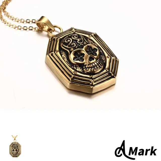 【A MARK】經典龐克風潮鍍金骷髏頭造型316L鈦鋼項鍊(鈦鋼項鍊 骷髏頭項鍊 龐克風項鍊)