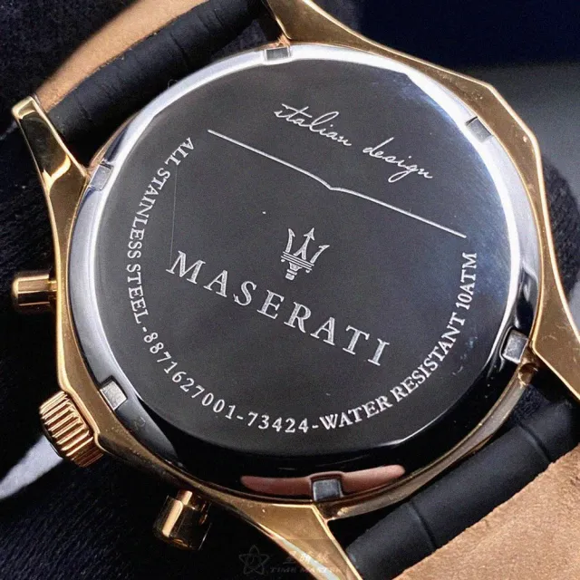 【MASERATI 瑪莎拉蒂】瑪莎拉蒂男女通用錶型號R8871627001(黑色錶面玫瑰金錶殼深黑色真皮皮革錶帶款)