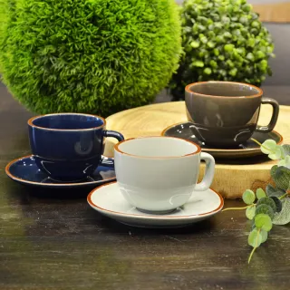 【YU Living 信歐傢居】北歐陶瓷不規則咖啡杯盤組 早餐杯(一杯一盤/200ml/3色/藍色/棕色/薄荷綠色)