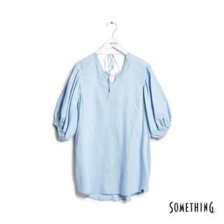 【SOMETHING】女裝 袖抽細摺微透膚短袖襯衫(漂淺藍)