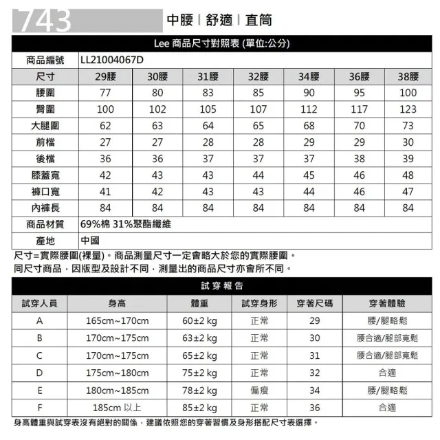 【Lee 官方旗艦】男裝 牛仔褲 / 743 中腰舒適直筒 深藍洗水(LL21004067D)