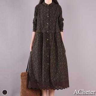【ACheter】復古田園風碎花休閒拼接顯瘦棉麻洋裝#111680現貨+預購(咖色)