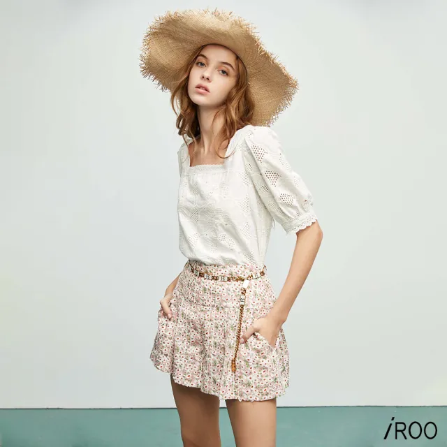 【iROO】印花壓刺繡條短褲裙