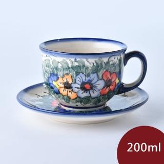 【美學生活 波蘭陶】波蘭陶 Cerraf 花茶杯盤組 馬克杯 點心盤 200ml 波蘭手工製(藤蔓隨花系列)