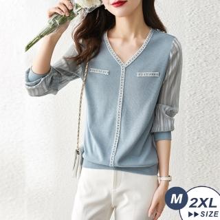 【LANNI 藍尼】★歐洲田園風假兩件上衣(長袖上衣/拼接/V領上衣)