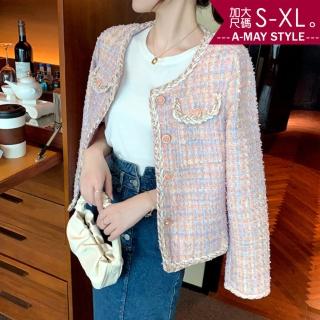 【艾美時尚】現貨 中大尺碼女裝 小香風 粉嫩小香風圓領毛呢外套。S-XL(2色)