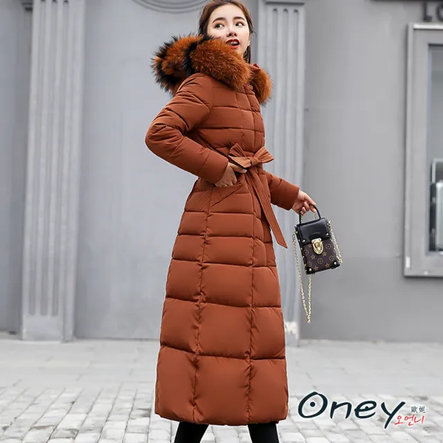 【ONEY 歐妮】★時尚大毛領長版鋪棉外套(鋪棉大衣/長版大衣/連帽外套/加厚)