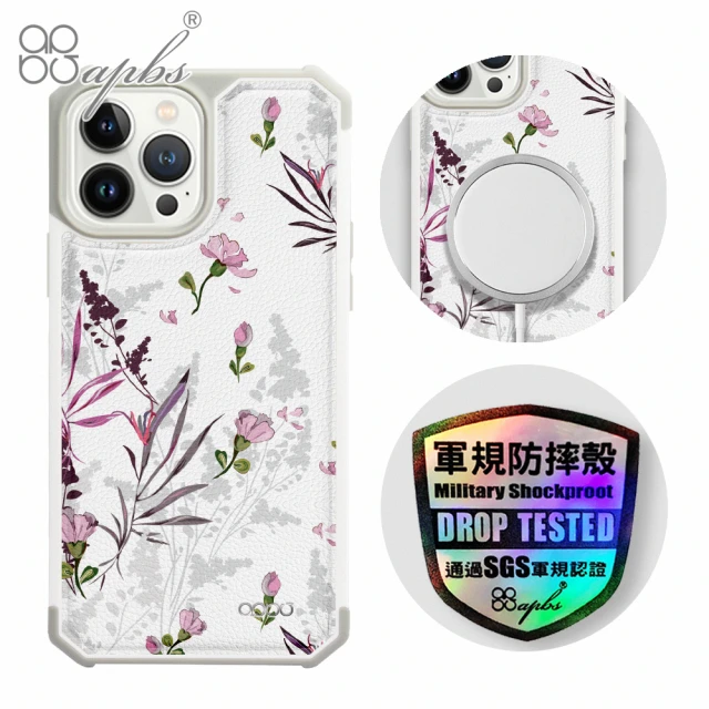 apbs iPhone 13 Pro Max / 13 Pro / 13 軍規防摔皮革磁吸手機殼(經典牛紋-粉玉蘭-上光版-白殼)