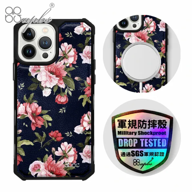 【apbs】iPhone 13 Pro Max / 13 Pro / 13 軍規防摔皮革磁吸手機殼(經典牛紋-粉玫瑰-上光版-黑殼)