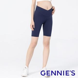 【Gennies 奇妮】彈力五分運動褲-藍(孕婦褲 五分褲 彈力褲 韻律褲 親膚 V型褲頭)