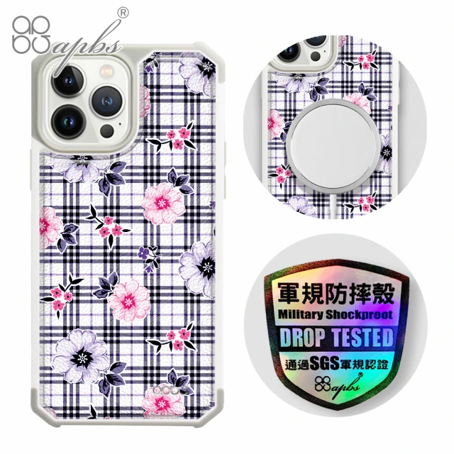 apbs iPhone 13 Pro Max / 13 Pro / 13 軍規防摔皮革磁吸手機殼(格紋-舞春花-上光版-白殼)