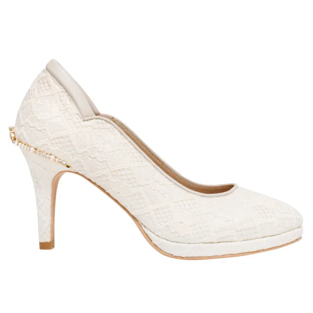 【Ann’S】不想當伴娘2.0後跟水鑽皇冠蕾絲防水台高跟婚鞋8.5cm(米白)