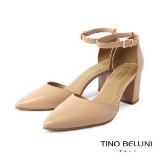 【TINO BELLINI 貝里尼】巴西進口尖頭一字帶繫踝7CM粗跟鞋FS3V0001(米)