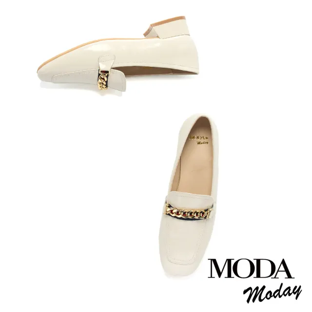 【MODA Luxury】韓系氣質鏈條全真皮方圓頭樂福低跟鞋(米白)