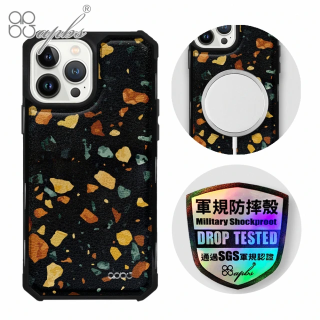 apbs iPhone 13 Pro Max / 13 Pro / 13 軍規防摔皮革磁吸手機殼(經典牛紋-黑磨石-上光版-黑殼)