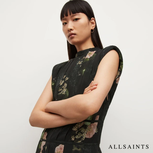 ALLSAINTS COCO ASAGO 輕薄不對襯百褶墊肩印花中長版連身裙洋裝-黑 WD232W(修身版型)