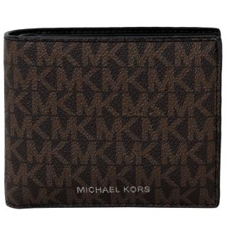 【Michael Kors】燙銀字LOGO防刮皮革附證件夾/男用短夾(滿版咖)