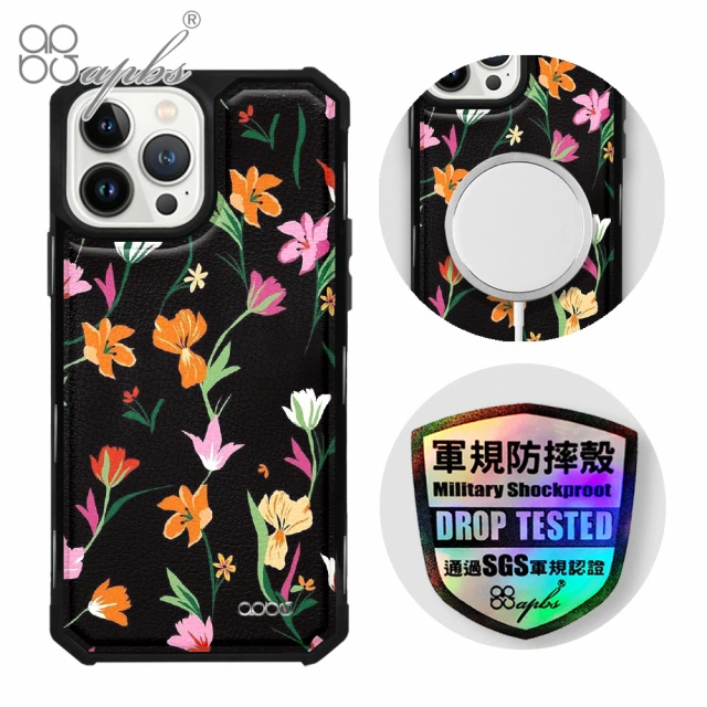 apbs iPhone 13 Pro Max / 13 Pro / 13 軍規防摔皮革磁吸手機殼(花草集-黑殼)