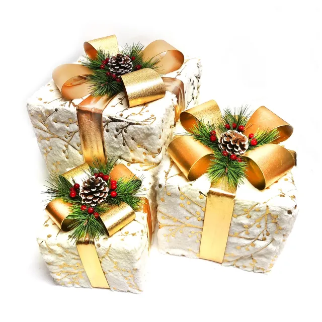 【摩達客】聖誕-白毛絨燙金花紋蝴蝶節禮物盒套組擺飾(一組含大中小三入)