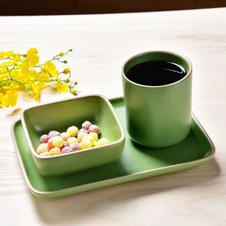 【YU Living 信歐傢居】日式和風方型陶瓷餐具三件組 杯300ml(一杯二盤/3色可遠/黑.綠.白色/餐廚用品)