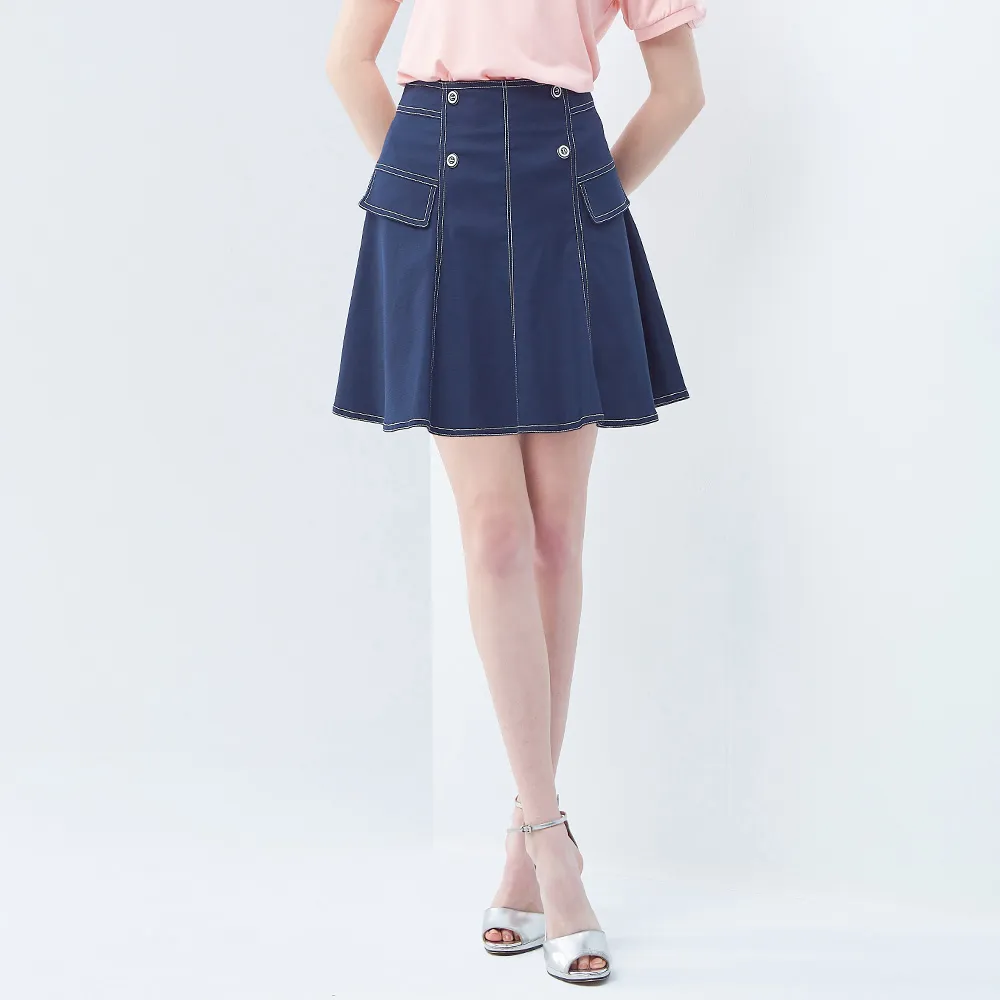 【MYVEGA 麥雪爾】MA棉質排釦白車線短褲裙-藍