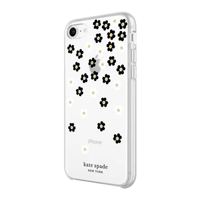 【KATE SPADE】iPhone SE3/SE2/8/7 4.7吋 手機保護殼/套(黑白小花+金色鑲鑽)