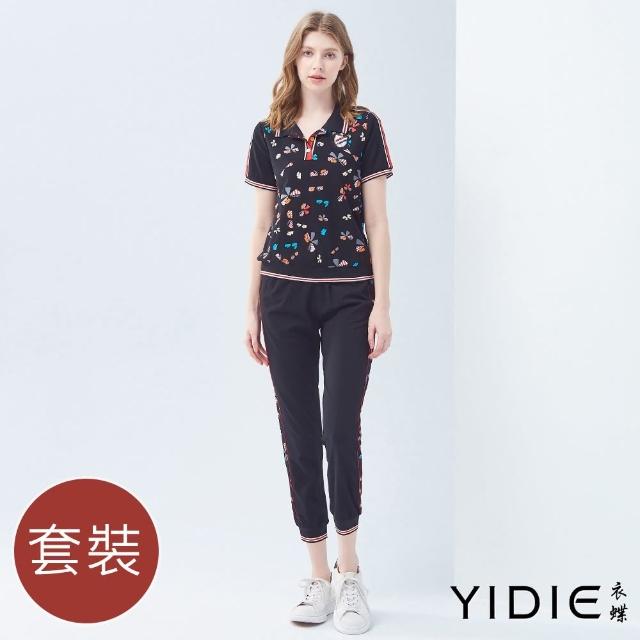 【YIDIE 衣蝶】彩色蜻蜓羅紋織邊九分褲套裝-黑(上下身分開販售)