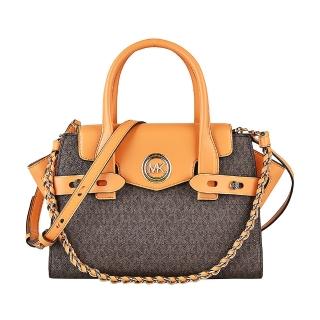 【Michael Kors】MICHAEL KORS CARMEN金字LOGO PVC扣式手提斜背包(小/深咖啡x蘋果酒橘)