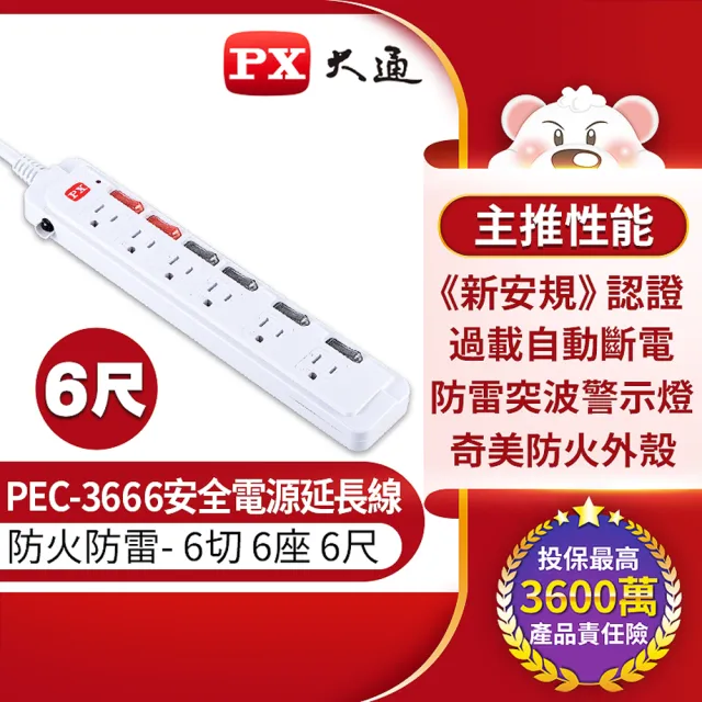 【PX大通-】2件優惠組3孔6開6插電源延長線2孔4開4插電源延長線1.8公尺防火防雷台灣製(PEC-3666和PEC-2446)