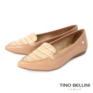 【TINO BELLINI 貝里尼】巴西進口鱷魚紋拼接牛皮微尖楦舒足平底鞋FSBT0006(米)