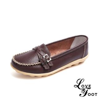 【LOVE FOOT 樂芙】真皮豆豆鞋/真皮交叉釦帶造型休閒豆豆鞋(咖)