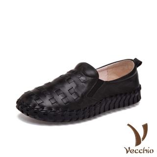【Vecchio】真皮樂福鞋/全真皮編織超厚軟底手工頭層牛皮舒適樂福鞋(黑)