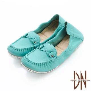 【DN】樂福鞋 真皮手工縫線方頭平底休閒鞋(湖水藍)