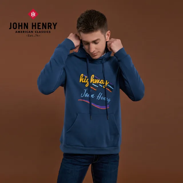 【JOHN HENRY】Highway刺繡純棉連帽T-藍色