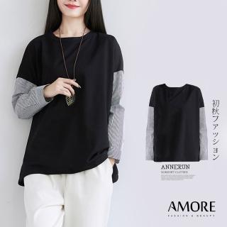 【Amore】 初秋韓系拼色條紋長袖上衣(親膚秋天超百搭)