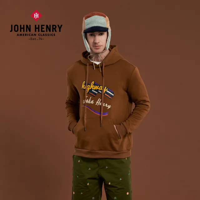 【JOHN HENRY】Highway刺繡純棉連帽T-咖啡色