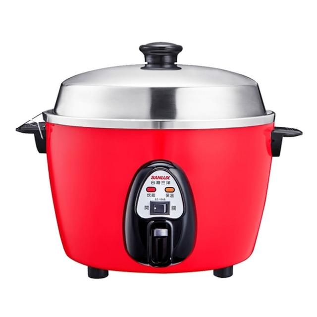  SANLUX臺灣三洋 EC-10AS 電鍋，適合10人份家庭使用，內鍋採用耐用304不鏽鋼材質，易清潔衛生。紅色系時尚設計，功率600~700W，110V/60Hz操作順暢。尺寸W380*D310*H290mm，產地中國，全機保固1年，BSMI許可字號R63041，理想煮飯選擇，提升廚房效率。 