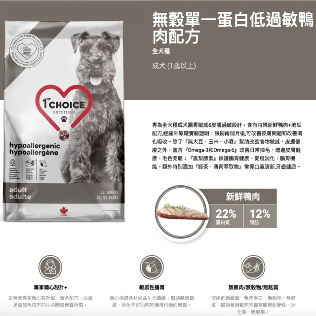 【1stChoice 瑪丁】低過敏無穀單一蛋白全犬種鴨肉配方 1歲以上適用/11kg/24.2磅(狗飼料/皮膚/腸胃保健)