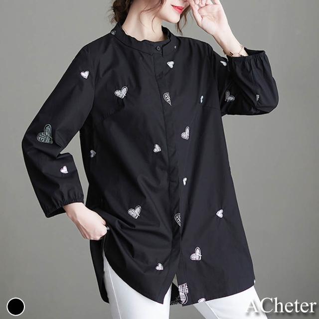 【ACheter】愛心刺繡棉麻純色舒適襯衫上衣#111823現貨+預購(黑色)