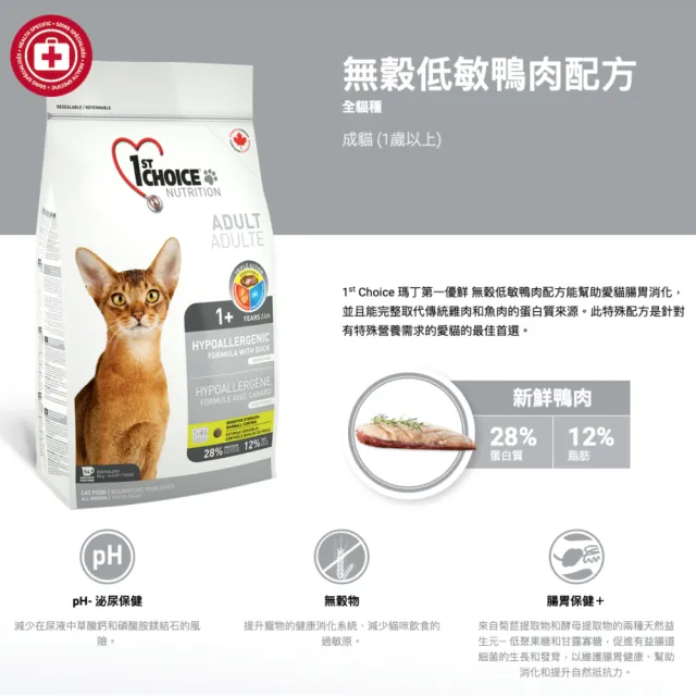 【1stChoice 瑪丁】低過敏成貓無穀鴨肉配方 1歲以上適用/2.72kg/6磅(貓飼料/化毛/腸胃皮膚配方)