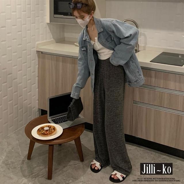 【JILLI-KO】韓版仿羊絨拖地直筒褲-F(深灰/黑)
