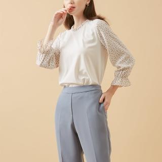 【MASTINA】荷葉領拼接-女長袖上衣 荷葉 深藍 白(二色/魅力商品/版型適中)